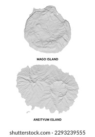 Mago and Aneityum islands in 3D topography map, vector contour.