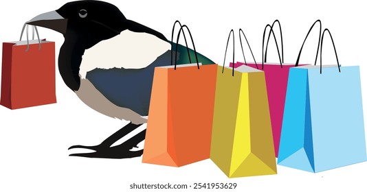 Magpie bird carrying colorful shopping bags, representing consumerism, shopping, and wildlife interaction