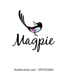 Magpie bird logo with diamond ring in its beak. For branding jewelry store, wedding, kids card. Vector illustration