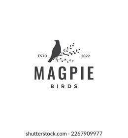 magpie bird perched twig tree leaves singer forest hipster logo design icon vector illustration
