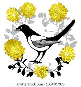 
Magpie in the center of yellow asters wreath on a white background.Vector isolated illustration. Textile print.

