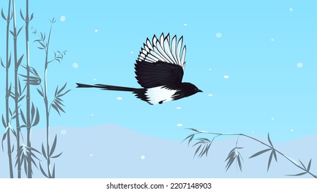 Magpie flying past bamboo in snowy weather. Wildlife, mountain range, snow-covered bamboo, Asian landscape. Desktop wallpaper, banner, poster.