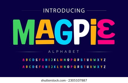 Magpie Funky colorful cartoon font type. Vector alphabet