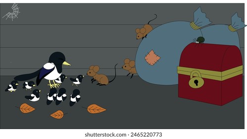 magpie and her children in an old house with mice