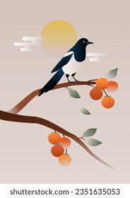 A magpie sitting on a persimmon tree branch.