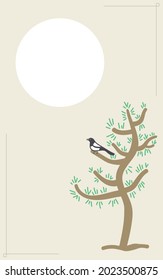 A magpie sitting on a pine tree. A traditional background with a moon.
