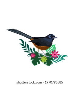 The magpie stands paired with leaves and flowers.Vector illustration isolated on white background.