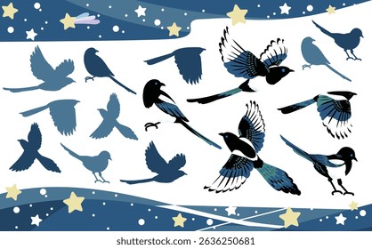 Magpie and Tanabata Illustration Set - Birds Flying in the Starry Sky