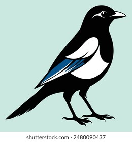 Magpie-Robin Vector Silhouette With white background. Magpie bird black and white vector logo. Magpie Robin logo on a branch icon design vector illustration in simple minimalist. Magpie silhouette.