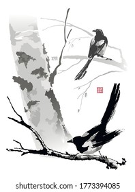 Magpies on birch branches. Hieroglyph - beauty, spring, harmony. Vector illustration in oriental style of sumi-e.