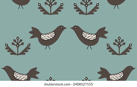 Magpies. Seamless pattern with birds and floral elements based on Ukrainian traditional folk embroidery - Naddniprianska embroidery. Elegant ornament. Cultural heritage. Εarth colors