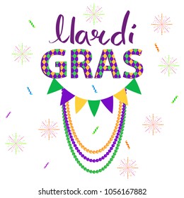 Magri gras carnival concept with confetti, fireworks, flag and beads garlands flat vector on white background. Masquerade decorations attributes illustration for costumed party or festival invitations