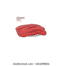 Maguro  (Akami) Nigiri Sushi, Japanese Food. hand draw sketch vector.