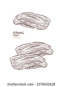 Maguro  (Akami) Nigiri Sushi, Japanese Food. hand draw sketch vector.
