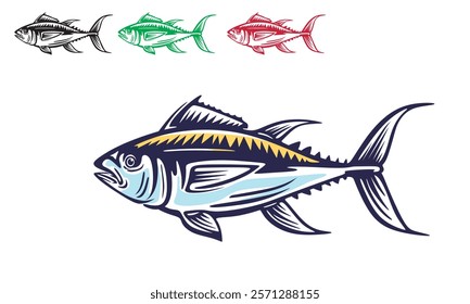 maguro giant blue fin tuna logo, silhouette of great fish deep water vector illustrations