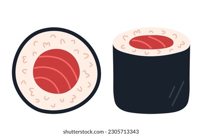 Maguro maki. Sushi roll with tuna. Japanese food. Top and side view. Hand-drawn colored flat vector illustration isolated on white background.