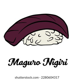 Maguro nigiri sushi with Tuna fish meat and rice wrapped in nori seaweed. Japanese outline vector hand drawn sushi rolls illustration isolated on white for sushi menu, restaurant, site.