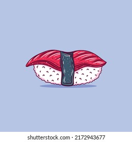 Maguro sushi outline. Japanese traditional food icon with tuna fish fillets. Isolated hand drawn seafood vector illustration.