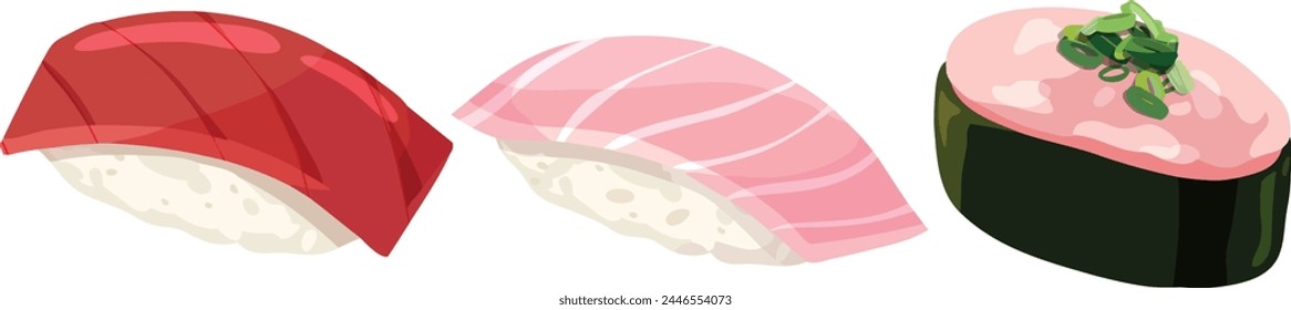 Maguro, Toro, Negi Toro nigiri. Tuna, Fatty Tuna  ,scallions and fatty tuna sushi. Sushi illustration. Japanese illustration vector.