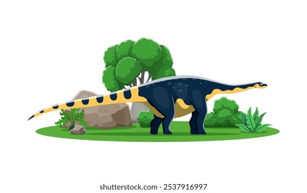 Magyarosaurus cartoon prehistoric dinosaur character. Isolated vector ancient herbivore reptile animal in natural environment with rock, tree and plants. Late cretaceous paleontology era lizard