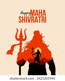 ‘Happy Maha Shivratri’ Hindi calligraphy, Lettering means Lord Shiv Shankar, Temple background and Lord Shiva Illustration, Traditional Festival Poster Banner Design Template Vector Illustration