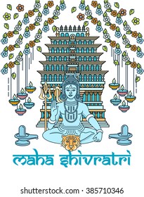 Maha Shivaratri flat thin line greeting card banner template. Indian temple, Shiva, lingam, oil lamps, lotus. Hindu festival linear minimal modern stroke vector concept. Web, banner, poster, flyer