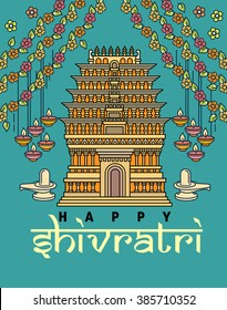 Maha Shivaratri flat thin line greeting card banner template. Indian temple, Shiva, lingam, oil lamps, lotus. Hindu festival linear minimal modern stroke vector concept. Web, banner, poster, flyer