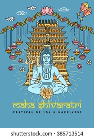 Maha Shivaratri flat thin line greeting card banner template. Indian temple, Shiva, lingam, oil lamps, lotus. Hindu festival linear minimal modern stroke vector concept. Web, banner, poster, flyer