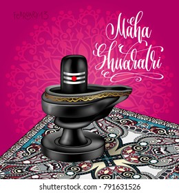 Maha Shivaratri greeting card with black stone Lord Shiva Lingam on ornamental carpet to february indian holiday design, vector illustration