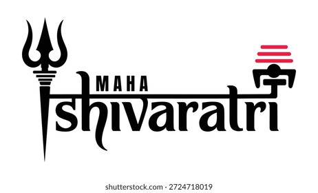 Diseño moderno de la tipografía de Maha shivaratri con el símbolo del trishul y del shivling en color negro y rojo en el fondo blanco, Anuncio de saludo religioso hindú del festival
