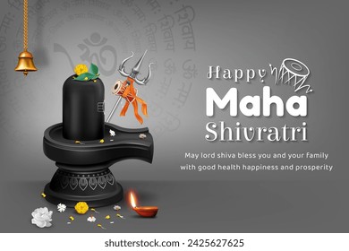 maha Shivratri hindu religious devotional offerings festival celebration, illustration of lord shiva Lingam with flowers diya trishul damru, god shiva puja banner