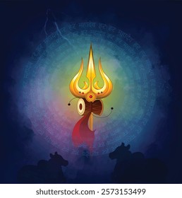 Maha Shivratri ,Shiva Lingam and Trishul, symbols of Lord Shiva, surrounded by divine Sanskrit text,  spiritual and cultural significance of Maha Shivratri celebration.