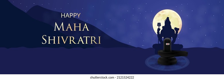 Maha Shivratri with Shivling, Lingam, Moon, Night Sky, silhouette, Himalayas, and Mandala. Traditional Hindu Festival Poster Banner Design Template, Website header Vector Illustration