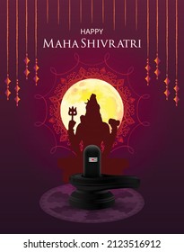 Maha Shivratri with Shivling, Lingam, Moon, Night Sky, silhouette, Himalayas, and Mandala. Traditional Hindu Festival Poster Banner Design Template, Website poster Vector Illustration