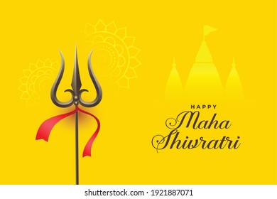 maha shivratri yellow card with trishul and temple design