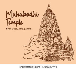 Templo Mahabodhi Bodh Gaya, Bihar, India. esbozar a ilustrador vectorial