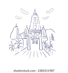 Templo budista Mahabodhi Templo Bodh Gaya Bihar India institución religiosa escenificación vectorial ciudad ilustración de la línea de arte simple