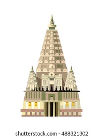 Mahabodhi temple icon isolated on white background. Vector illustration for religion design. Indian culture building architecture. Famous asia landmark. Religious buddhism