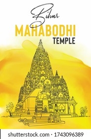 Mahabodhi temple isolated on Watercolors background. Vector illustration for religion design. bodh gaya, India. Buddha attained enlightenment here. Religious buddhism