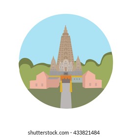Mahabodhi Vihar Temple vector icon sign. Buddhist religious temple in Bodh Gaya. World famous landmark UNESCO World Heritage Site. vector flat design. Website application button. Postcard, stamp, card