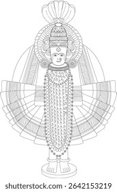Mahalakshmi Devi Detailed Line Art Illustration, Detailed black and white line art illustration of Mahalakshmi Devi, the Hindu goddess of wealth, prosperity, and fortune. This traditional outline