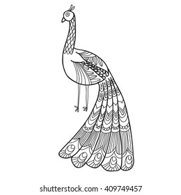 Maharaja Garden peacock for coloring. Adult coloring page.