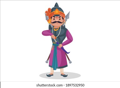 Maharana Pratap is holding spear in his back and taking out the sword from the sheath. Vector graphic illustration. Individually on a white background.