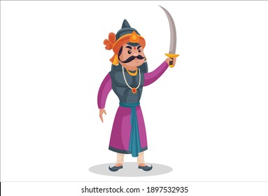 Maharana Pratap is raising his sword up in the sky. Vector graphic illustration. Individually on a white background.