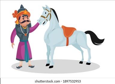 Maharana Pratap is taking care of his horse chetak. Vector graphic illustration. Individually on a white background.