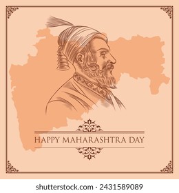 Maharashtra day greeting design with vector illustration of Shivaji.