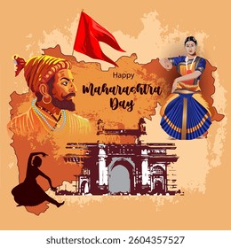 Maharashtra Day Illustration – Shivaji Maharaj, Classical Dancer, Gateway of India and Saffron Flag – Perfect for Cultural Posters, Greeting Cards, Digital Artwork and Heritage Designs