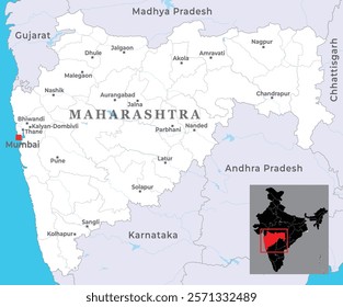 Maharashtra district map with capital Mumbai, marked most important cities, state of India