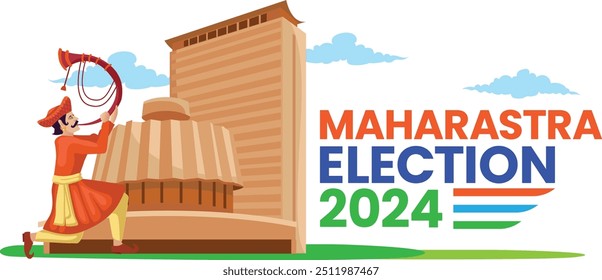 Ilustración de las elecciones de Maharashtra 2024 con el soplador de cuerno tradicional y el edificio de la asamblea