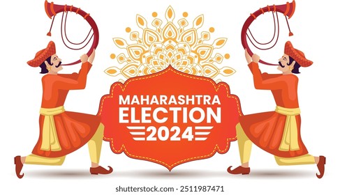 Eleição de Maharashtra 2024 ilustração com músicos tradicionais tutaris e faixa eleitoral